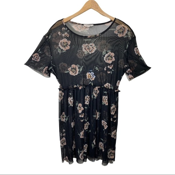 Be. You. tifull Black Mesh Midi Dress Women's Large Flower Prints Short Sleeves - Picture 5 of 8